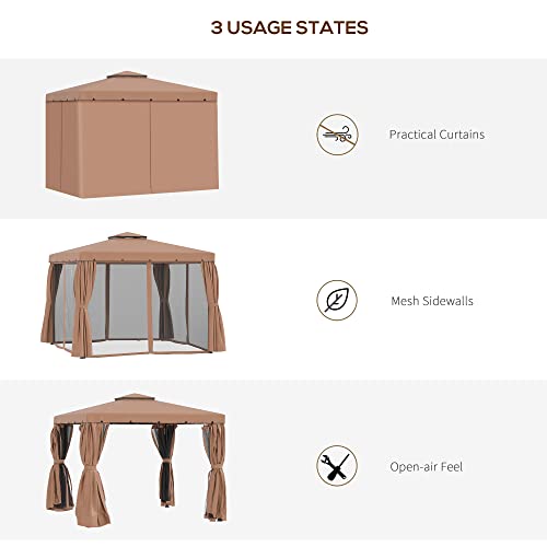 Outsunny 10' x 10' Patio Gazebo, Outdoor Gazebo Canopy Shelter with Double Vented Roof, Netting and Curtains, for Garden, Lawn, Backyard and Deck, Brown