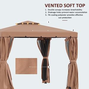 Outsunny 10' x 10' Patio Gazebo, Outdoor Gazebo Canopy Shelter with Double Vented Roof, Netting and Curtains, for Garden, Lawn, Backyard and Deck, Brown