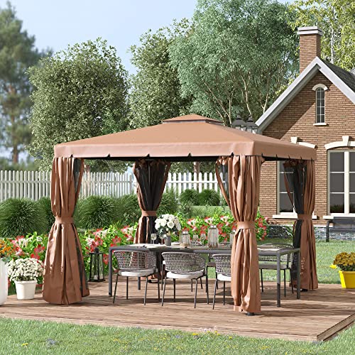 Outsunny 10' x 10' Patio Gazebo, Outdoor Gazebo Canopy Shelter with Double Vented Roof, Netting and Curtains, for Garden, Lawn, Backyard and Deck, Brown