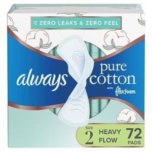 always pure cotton, feminine pads for women, size 2 heavy flow absorbency, multipack, with flexfoam, with wings, unscented, 24 count x 3 packs (72 count total)
