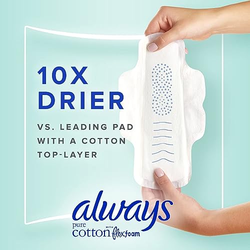 Always Pure Cotton, Feminine Pads For Women, Size 2 Heavy Flow Absorbency, Multipack, With Flexfoam, With Wings, Unscented, 24 Count x 3 Packs (72 Count total)