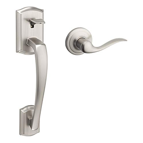 Kwikset Prescott Entry Door Handleset and Lever, Stylish Front Door Handle Featuring Microban Protection, Non-Locking, Deadbolt Not Included, Satin Nickel