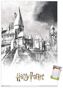 trends international the wizarding world: harry potter - illustrated hogwarts wall poster, 22.375" x 34", poster & mount bundle