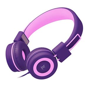yomuse c89 kids headphones, wired headphone without microphone, on ear headphone with adjustable, 3.5mm aux nylon cable, foldable headphones for school travel girls boys (pink purple)