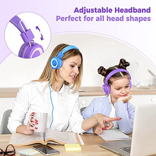 Yomuse C89 Kids Headphones, Wired Headphone Without Microphone, On Ear Headphone with Adjustable, 3.5mm Aux Nylon Cable, Foldable Headphones for School Travel Girls Boys (Pink Purple)