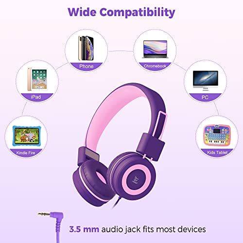 Yomuse C89 Kids Headphones, Wired Headphone Without Microphone, On Ear Headphone with Adjustable, 3.5mm Aux Nylon Cable, Foldable Headphones for School Travel Girls Boys (Pink Purple)