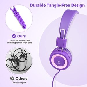 Yomuse C89 Kids Headphones, Wired Headphone Without Microphone, On Ear Headphone with Adjustable, 3.5mm Aux Nylon Cable, Foldable Headphones for School Travel Girls Boys (Pink Purple)
