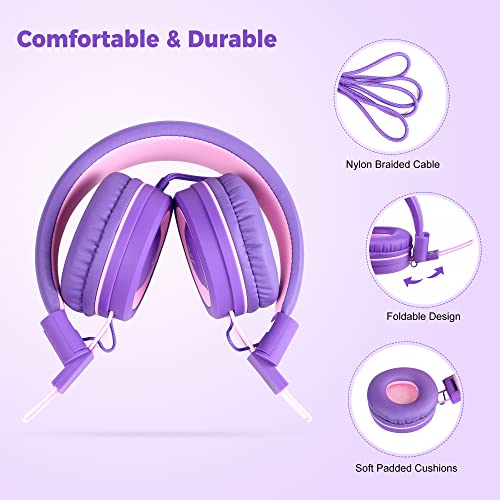 Yomuse C89 Kids Headphones, Wired Headphone Without Microphone, On Ear Headphone with Adjustable, 3.5mm Aux Nylon Cable, Foldable Headphones for School Travel Girls Boys (Pink Purple)