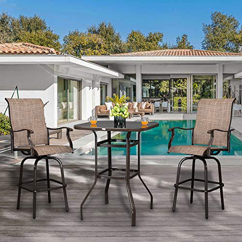 VINGLI Outdoor Bar Table Metal Brown Patio Bar Table, Tempered Glass Table Top Outdoor Console Tables Pub Table for Patio High Top Table