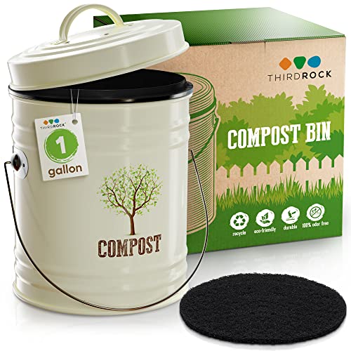 Third Rock Compost Bin Kitchen – 1.0 Gallon Countertop Compost Bin with Lid – Kitchen Compost Bin Countertop – Indoor Compost Bin Kitchen Counter Includes Inner Compost Bucket Liner - Indoor Composter