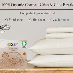 California Design Den 100% Organic Cotton Queen Sheet Set, GOTS Certified - Percale Sheets Queen - Soft Cooling Sheets - Deep Pockets - 4 Piece Cotton Bed Sheets Queen, Ivory Sheets