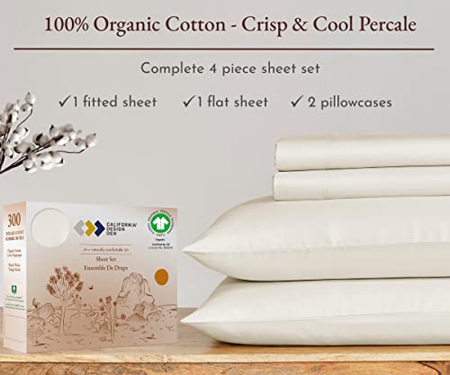 California Design Den 100% Organic Cotton Queen Sheet Set, GOTS Certified - Percale Sheets Queen - Soft Cooling Sheets - Deep Pockets - 4 Piece Cotton Bed Sheets Queen, Ivory Sheets