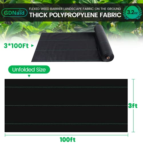 GDNaid 3ftx100ft Weed Barrier Landscape Fabric Heavy Duty, Premium 3.2oz Garden Weed Barrier, Easy Setup & Durable Woven Weed Control Landscaping Fabric