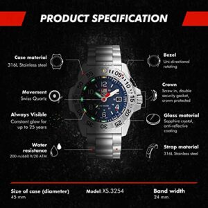 Luminox Navy Seal Steel XS.3254 Mens Watch 45mm - Military Watch in Silver/Blue Date Function 200m Water Resistant Sapphire Glass