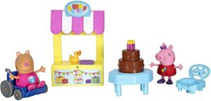 peppa pig perfect birthday party playset, 5 piece - includes peppa and mandy mouse character figures, birthday surprise stand, chocolate cake table & chair - toy gift for kids - ages 2+