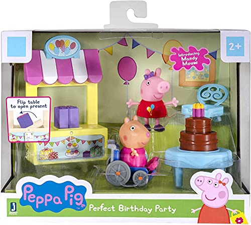 Peppa Pig Perfect Birthday Party Playset, 5 Piece - Includes Peppa and Mandy Mouse Character Figures, Birthday Surprise Stand, Chocolate Cake Table & Chair - Toy Gift for Kids - Ages 2+