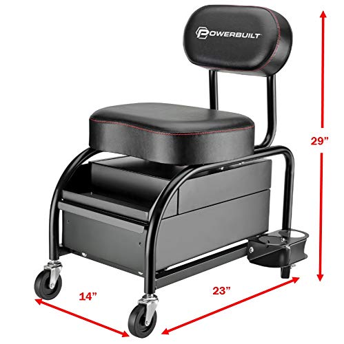 Powerbuilt Professional Car Detailers Mechanics Roller Seat, Heavy Duty Garage Stool with Thick Padded Seat and Backrest, 2 Sliding Storage Drawers, Tool Tray, Can Holders, 3in. Swivel Casters–240299