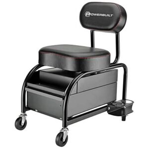 powerbuilt professional car detailers mechanics roller seat, heavy duty garage stool with thick padded seat and backrest, 2 sliding storage drawers, tool tray, can holders, 3in. swivel casters–240299