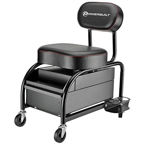 Powerbuilt Professional Car Detailers Mechanics Roller Seat, Heavy Duty Garage Stool with Thick Padded Seat and Backrest, 2 Sliding Storage Drawers, Tool Tray, Can Holders, 3in. Swivel Casters–240299