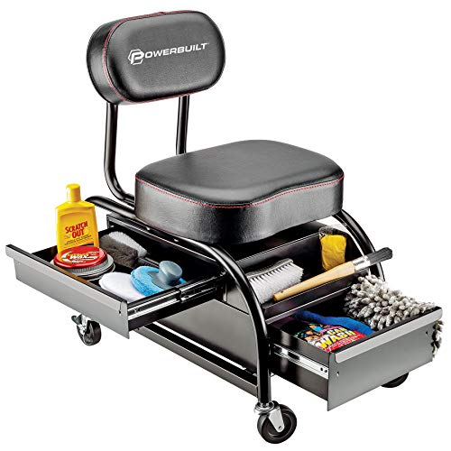 Powerbuilt Professional Car Detailers Mechanics Roller Seat, Heavy Duty Garage Stool with Thick Padded Seat and Backrest, 2 Sliding Storage Drawers, Tool Tray, Can Holders, 3in. Swivel Casters–240299