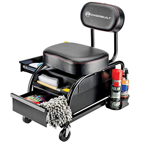 Powerbuilt Professional Car Detailers Mechanics Roller Seat, Heavy Duty Garage Stool with Thick Padded Seat and Backrest, 2 Sliding Storage Drawers, Tool Tray, Can Holders, 3in. Swivel Casters–240299