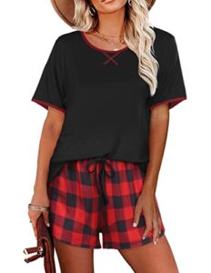 ekouaer pajamas women short sleeve with plaid shorts soft sleepwear sleep set casual lounge pj set,black, red plaid