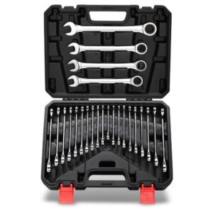 RIMKOLO 24-Piece Ratchet Wrenches Chrome Vanadium Steel Ratcheting Wrench Set with Metric and SAE 72-Tooth Box End and Open End Standard Wrench Set with Organizer Box