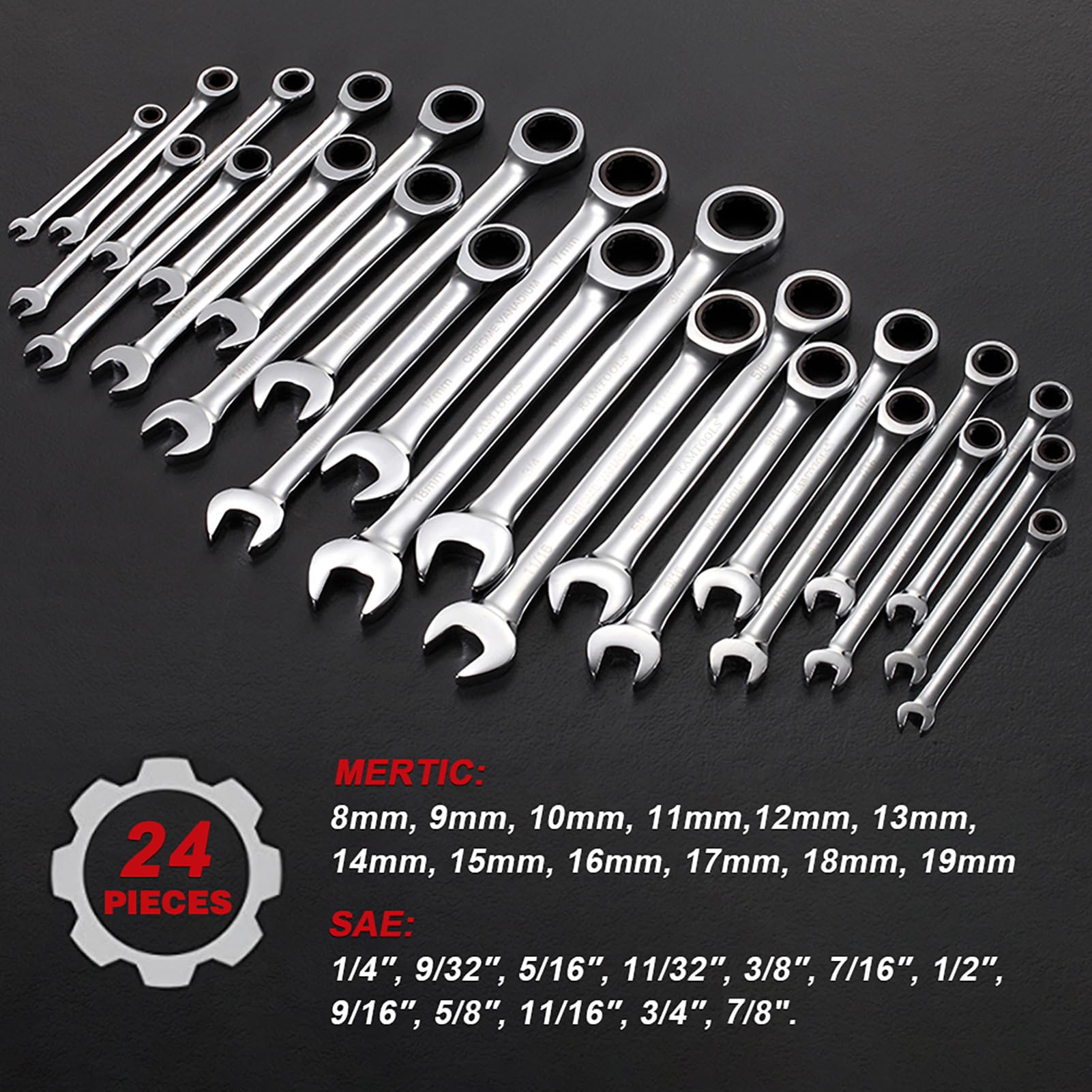 RIMKOLO 24-Piece Ratchet Wrenches Chrome Vanadium Steel Ratcheting Wrench Set with Metric and SAE 72-Tooth Box End and Open End Standard Wrench Set with Organizer Box