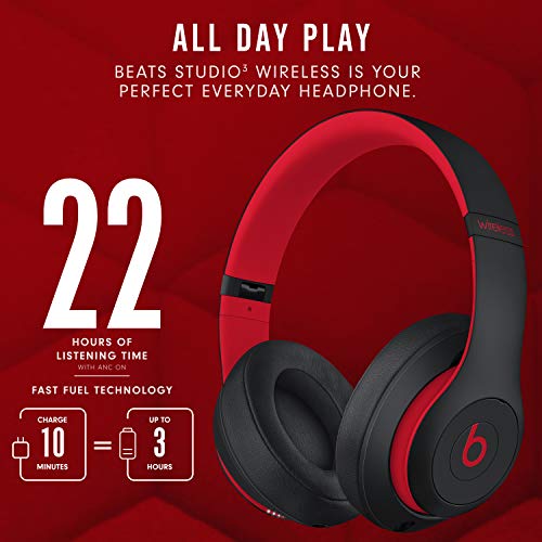 Beats Studio3 Wireless Noise Cancelling Over-Ear Headphones - Apple W1 Headphone Chip, Class 1 Bluetooth, 22 Hours of Listening Time, Built-in Microphone - Defiant Black-Red