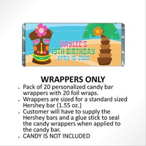 Hawaiian Luau Personalized Candy Wrappers for Chocolate, Kids Birthday Party Favors, Pack of 20 Custom Hershey Bar Labels