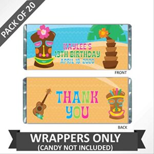 Hawaiian Luau Personalized Candy Wrappers for Chocolate, Kids Birthday Party Favors, Pack of 20 Custom Hershey Bar Labels