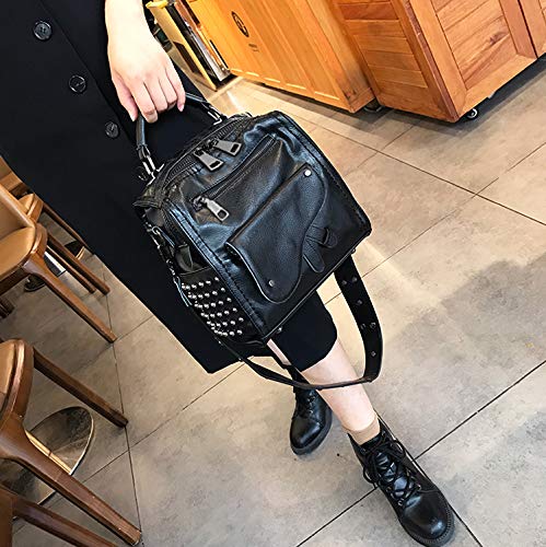 UTO Women Studded Backpack Purse PU Leather Convertible Ladies Rucksack Zipper Pocket Crossbody Shoulder Bag Black