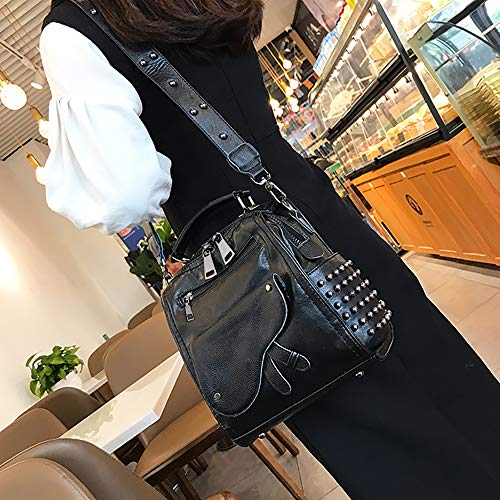 UTO Women Studded Backpack Purse PU Leather Convertible Ladies Rucksack Zipper Pocket Crossbody Shoulder Bag Black