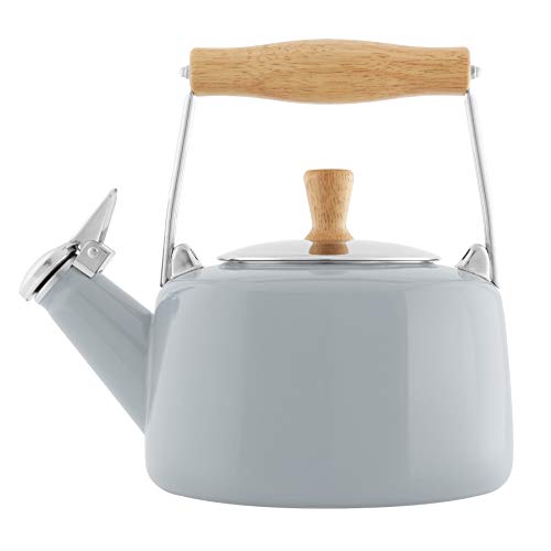 Chantal SVEN Enamel on Steel Whistling Teakettle with Natural Wood handle, 1.4 quarts (Fog Grey)