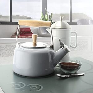 Chantal SVEN Enamel on Steel Whistling Teakettle with Natural Wood handle, 1.4 quarts (Fog Grey)