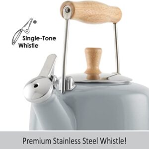 Chantal SVEN Enamel on Steel Whistling Teakettle with Natural Wood handle, 1.4 quarts (Fog Grey)