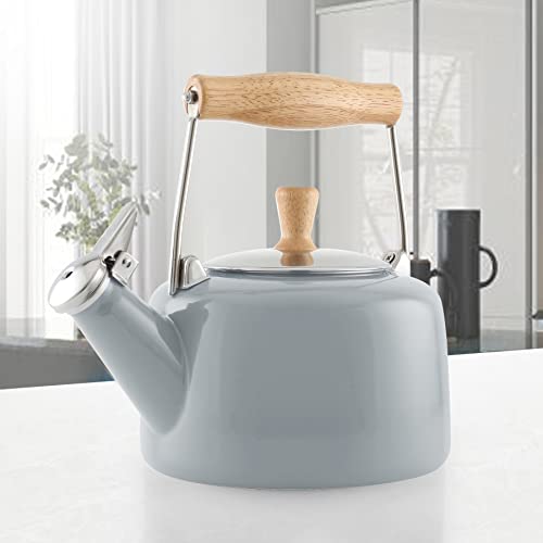 Chantal SVEN Enamel on Steel Whistling Teakettle with Natural Wood handle, 1.4 quarts (Fog Grey)