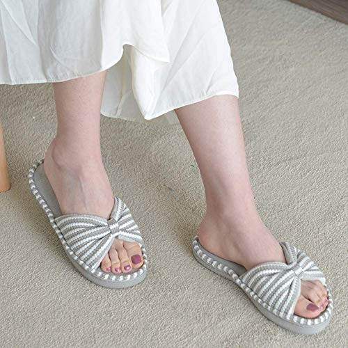 DL Women's Memory Foam Open Toe Slide Slippers with Cute Bow and Cozy Terry Lining, Slip-on House Shoes Spa Mules Sandals with Indoor Outdoor Rubber Sole, Gray, 9-10