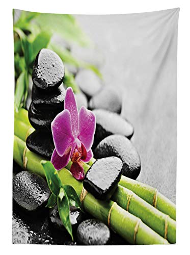 Ambesonne Rock Outdoor Tablecloth, Basalt Stones and Bamboo Orchid with Dew Aromatherapy Blossoming Massage Droplets, Decorative Washable Picnic Table Cloth, 58" X 84", Multicolor