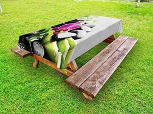 ambesonne rock outdoor tablecloth, basalt stones and bamboo orchid with dew aromatherapy blossoming massage droplets, decorative washable picnic table cloth, 58" x 84", multicolor