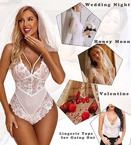 Avidlove Bridal Lingerie for Women Sexy Lingerie Floral Lace Teddy Strappy One Piece Snap Crotch Boudoir Lingerie(White,M)