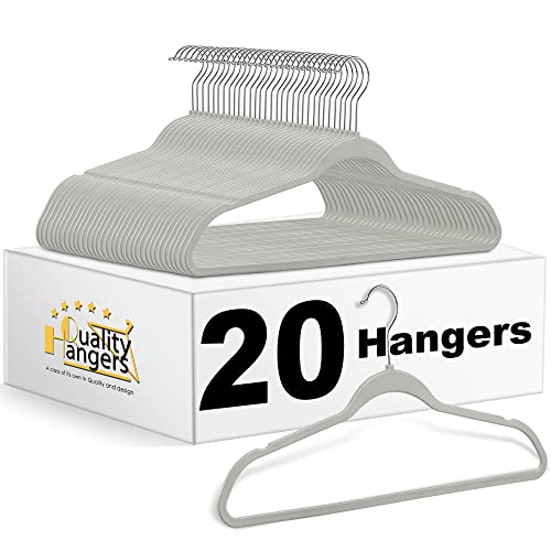 Quality Hangers Clothes Hangers 20 Pack - Non-Velvet Plastic Hangers for Clothes -Heavy Duty Coat Hanger Set -Space-Saving Closet Hangers with Chrome Swivel Hook, Functional Non-Flocked Hangers, Gray