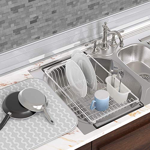 Simple Houseware Large Over Sink Counter Top Dish Drainer Drying Rack with Drying Mat and Utensil Holder, Chrome