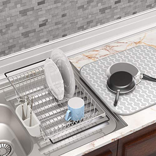 Simple Houseware Large Over Sink Counter Top Dish Drainer Drying Rack with Drying Mat and Utensil Holder, Chrome