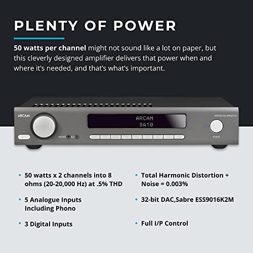 Arcam SA10 Class A/B Integrated Amplifier - 50W of Power Per Channel - 5 Analogue Inputs & 3 Digital Inputs - Easily Connects to Surround Sound System