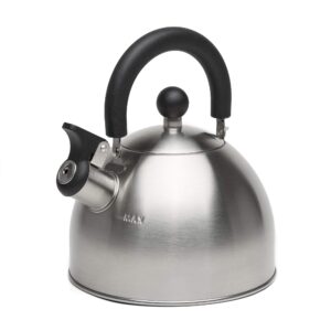 primula stewart whistling stovetop tea kettle food grade stainless steel, hot water fast to boil, cool touch folding, 1.5-quart, brushed with black handle