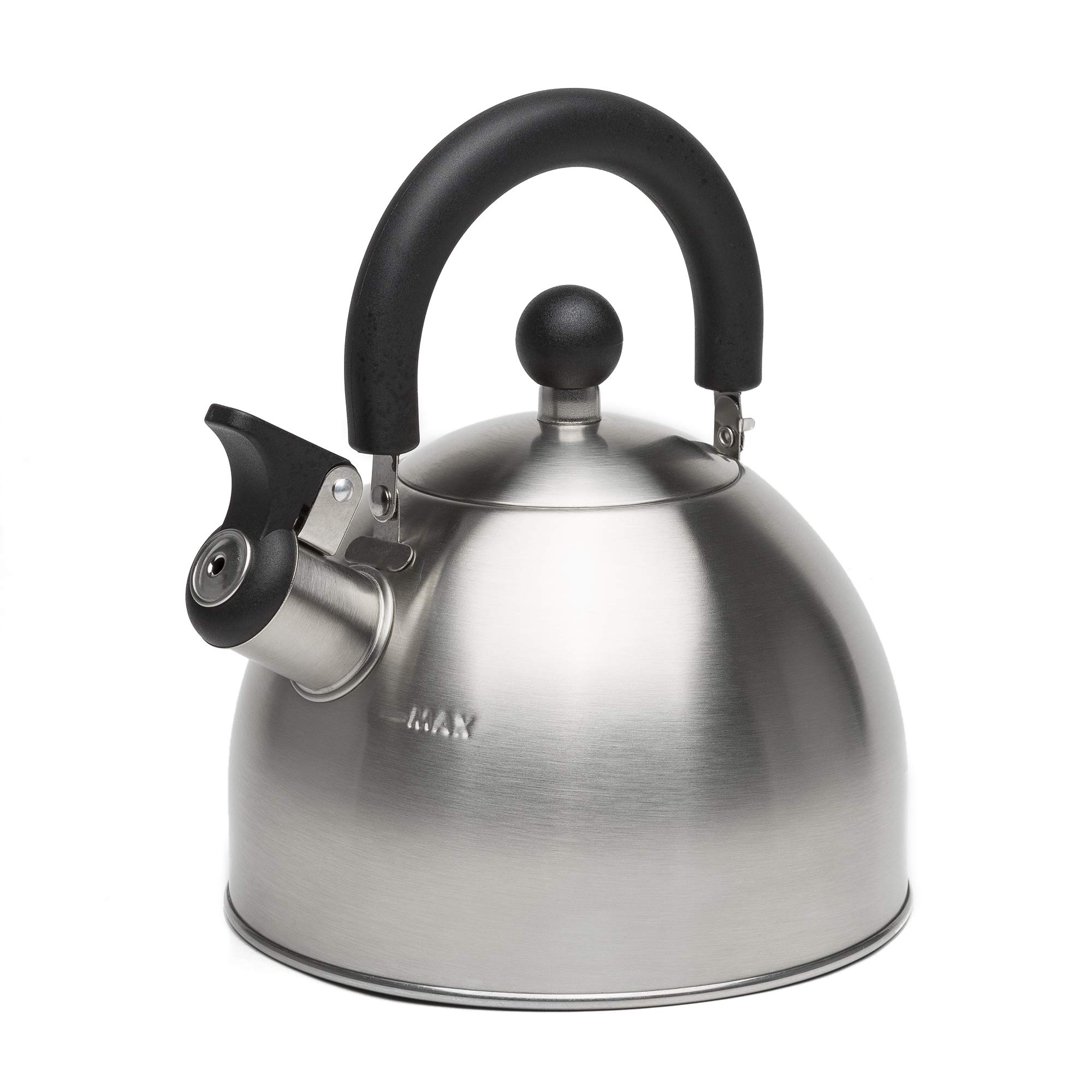 Primula Stewart Whistling Stovetop Tea Kettle Food Grade Stainless Steel, Hot Water Fast to Boil, Cool Touch Folding, 1.5-Quart, Brushed with Black Handle