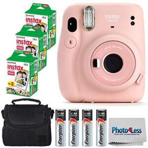 fujifilm instax mini 11 instant camera - blush pink (16654774) + fujifilm instax mini twin pack instant film (60 sheets) + batteries + case - instant camera bundle