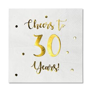 cheers to 30 years cocktail napkins | happy 30th birthday decorations for men and women and wedding anniversary party decorations | 50-pack 3-ply napkins | 5 x 5 inch folded (white)
