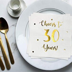 Cheers to 30 Years Cocktail Napkins | Happy 30th Birthday Decorations for Men and Women and Wedding Anniversary Party Decorations | 50-Pack 3-Ply Napkins | 5 x 5 inch folded (White)